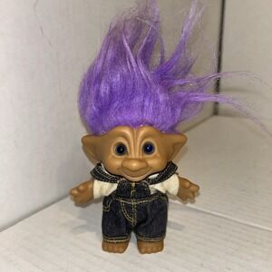 VINTAGE  5" TREASURE TROLL DOLL Denim Overalls PURPLE HAIR‎ ACE NOVELTY CO. C2